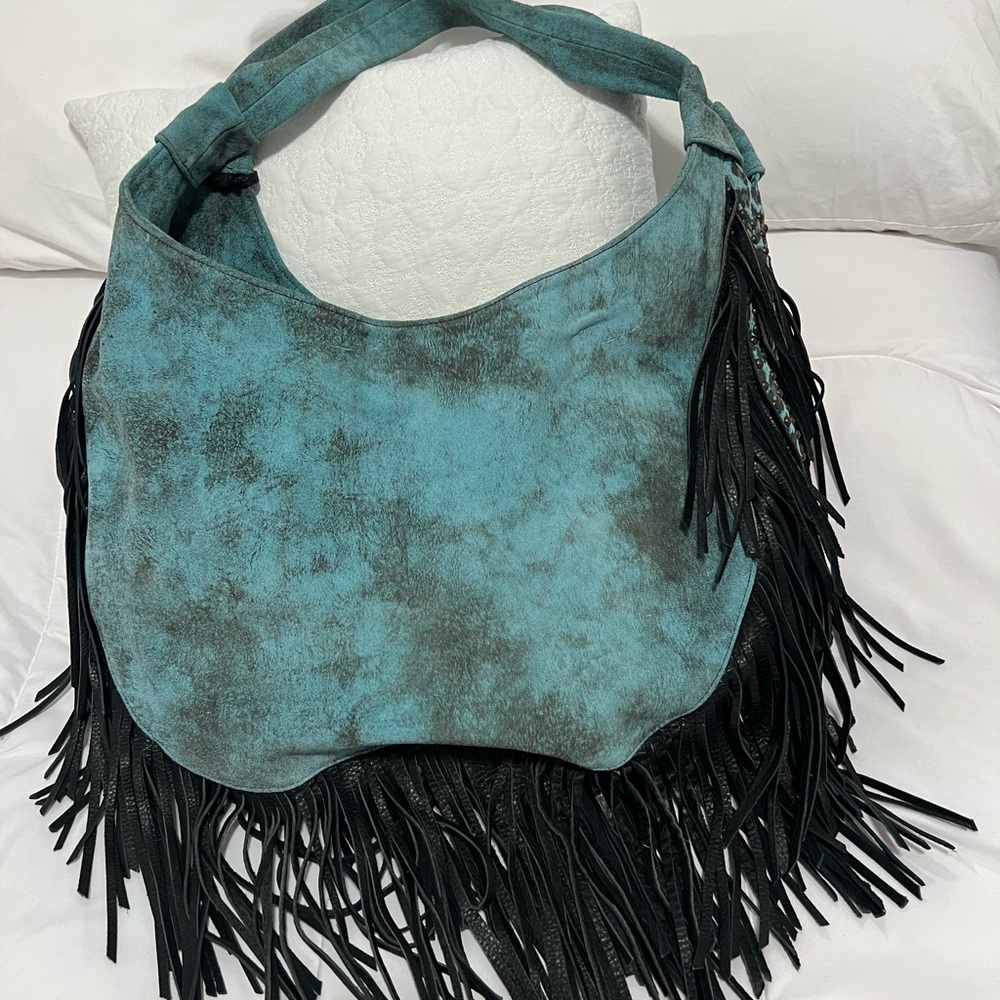 Juan Antonio Turquoise and Black Fringe Shoulder Bag - Picture 2 of 4
